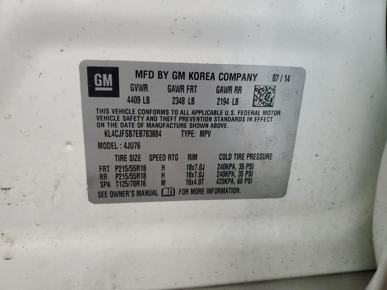 KL4CJFSB7EB783884 2014 Buick Encore Convenience