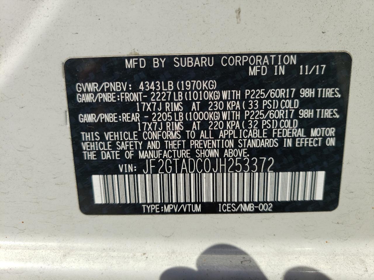 JF2GTADC0JH253372 2018 Subaru Crosstrek Premium