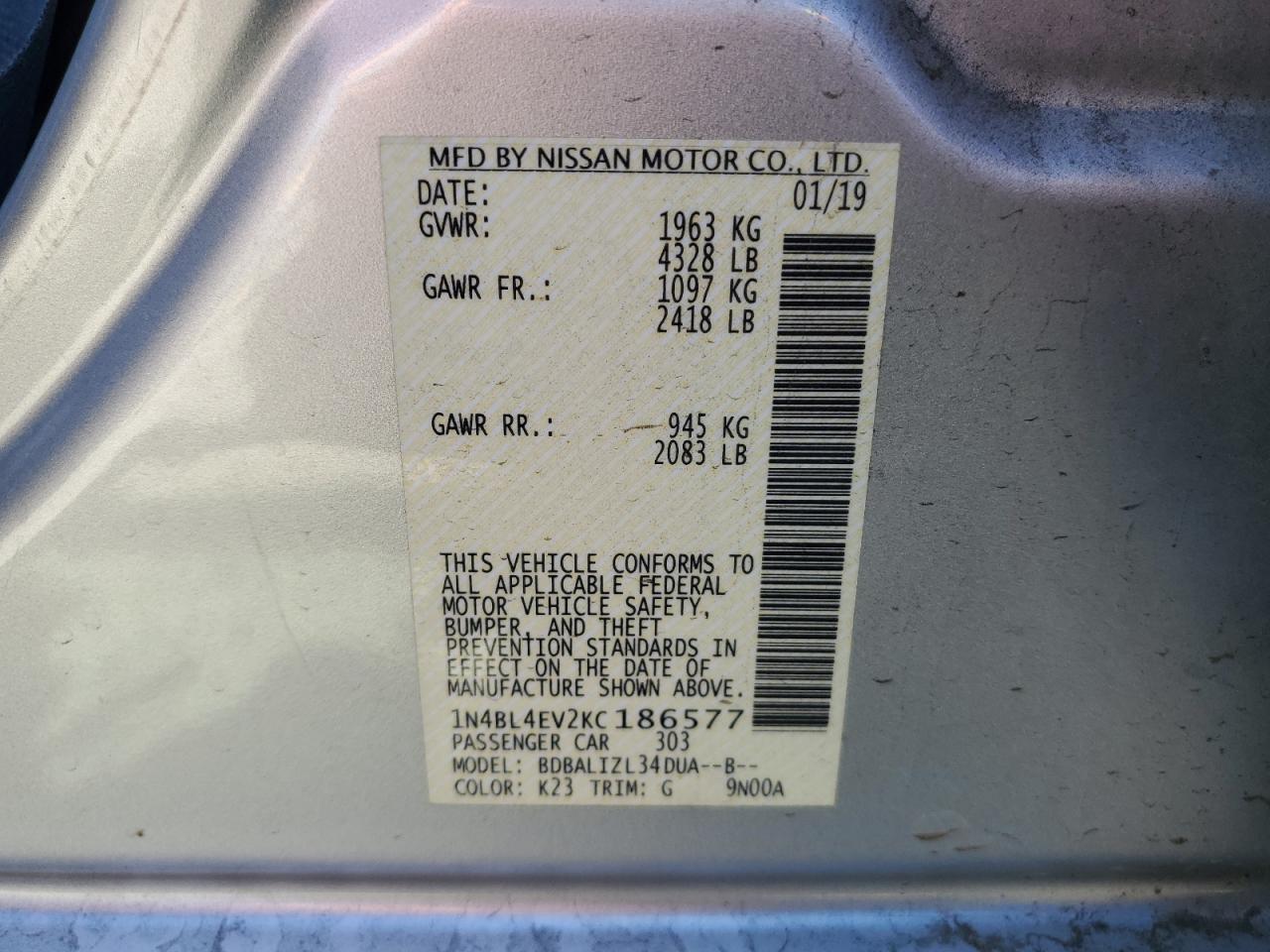 1N4BL4EV2KC186577 2019 Nissan Altima Sl