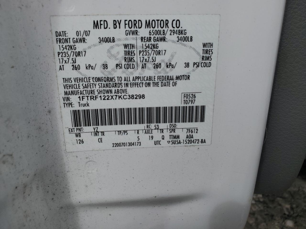 2007 Ford F150 VIN: 1FTRF122X7KC38298 Lot: 72555924