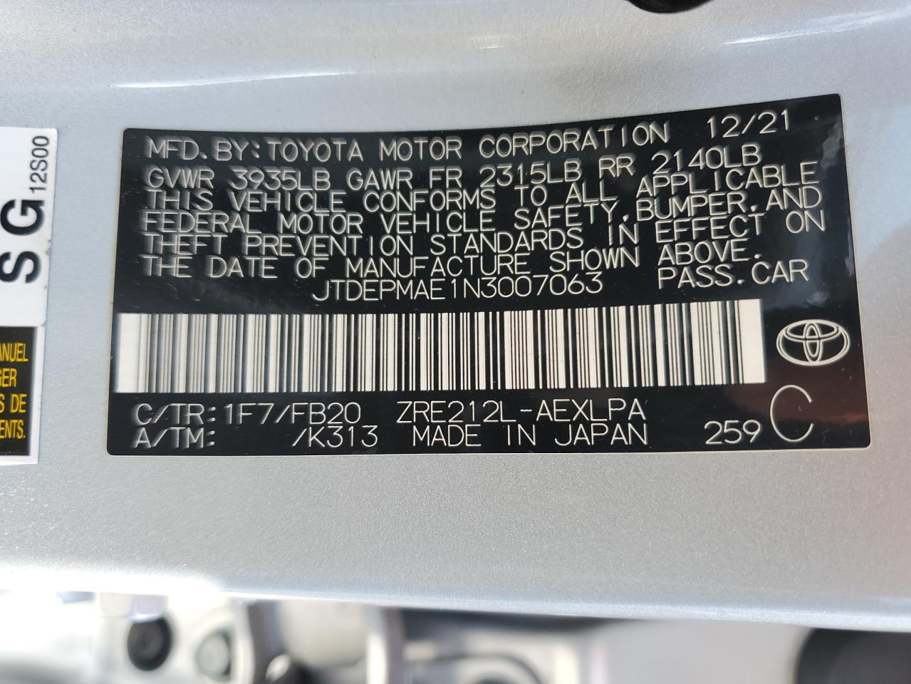 2022 Toyota Corolla Le VIN: JTDEPMAE1N3007063 Lot: 71343794