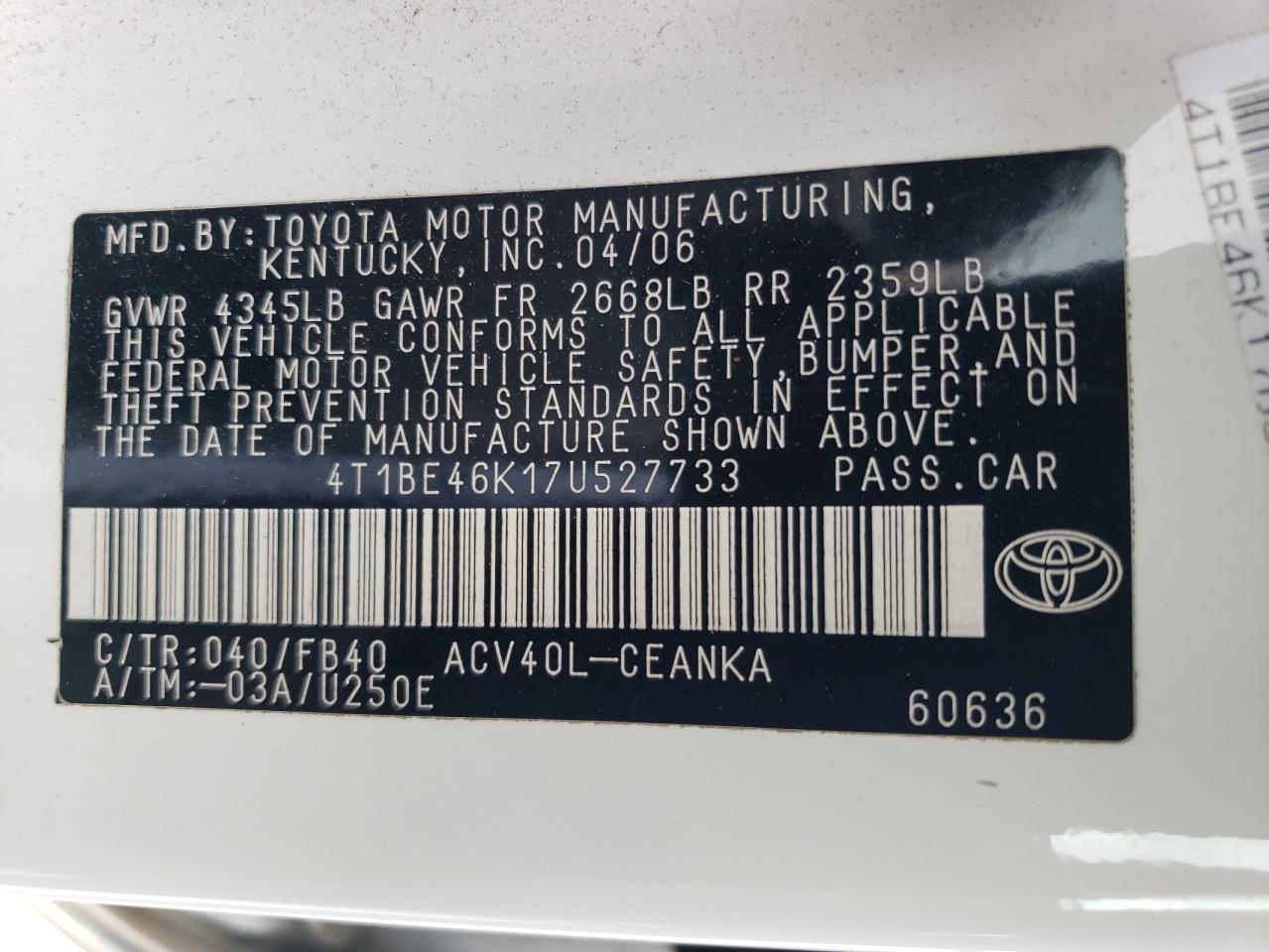 4T1BE46K17U527733 2007 Toyota Camry Ce