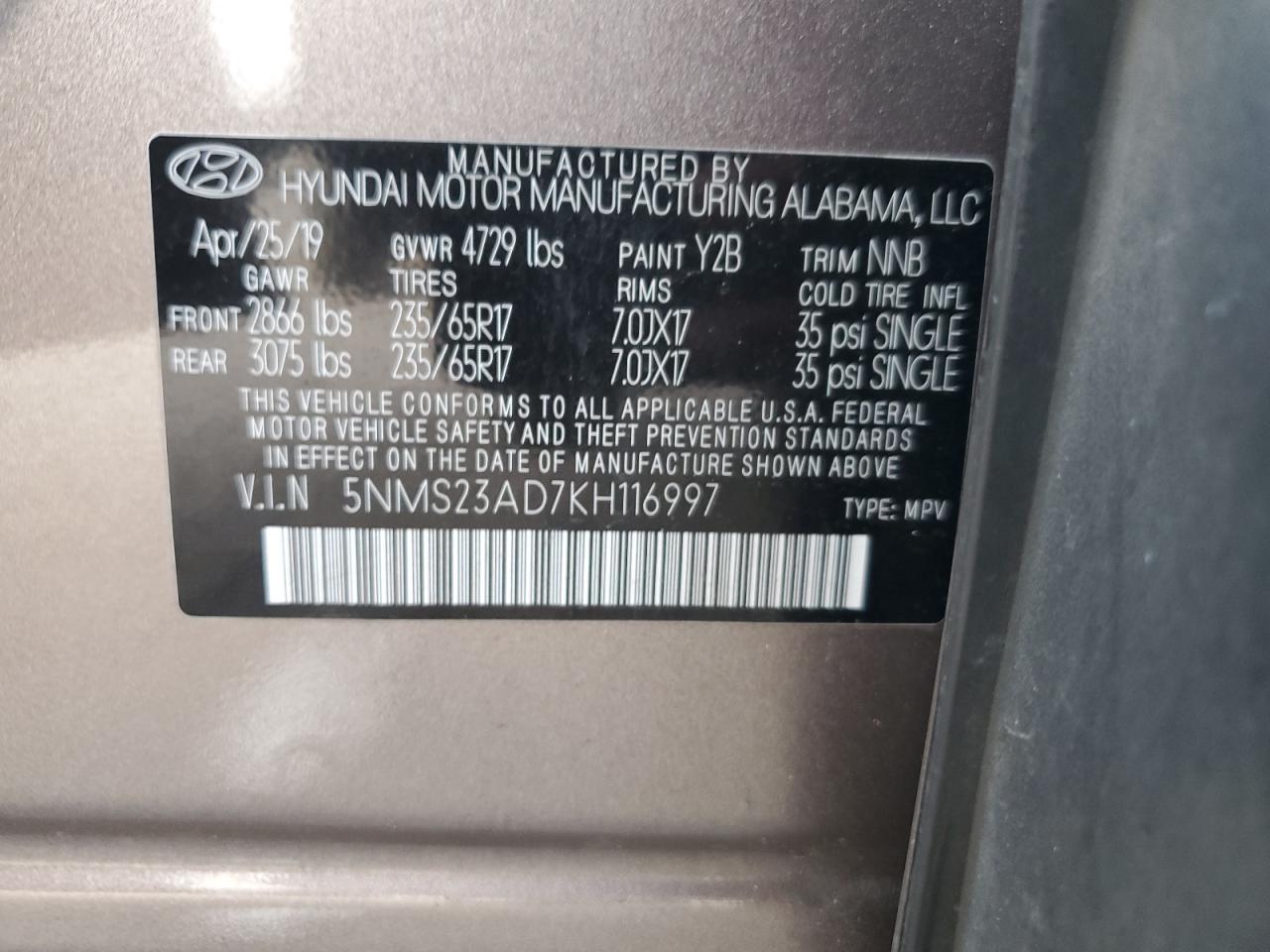 5NMS23AD7KH116997 2019 Hyundai Santa Fe Se