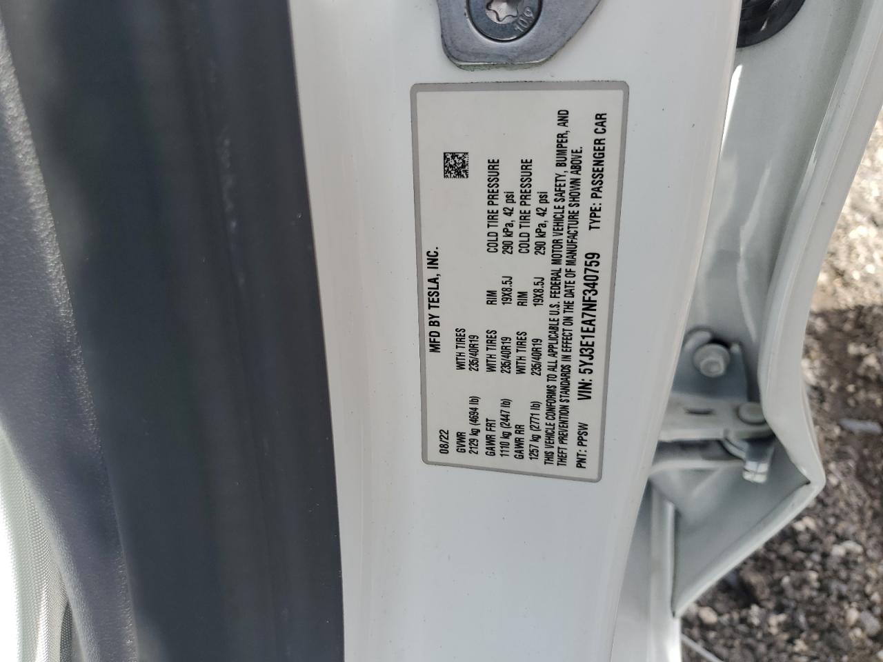 5YJ3E1EA7NF340759 2022 Tesla Model 3