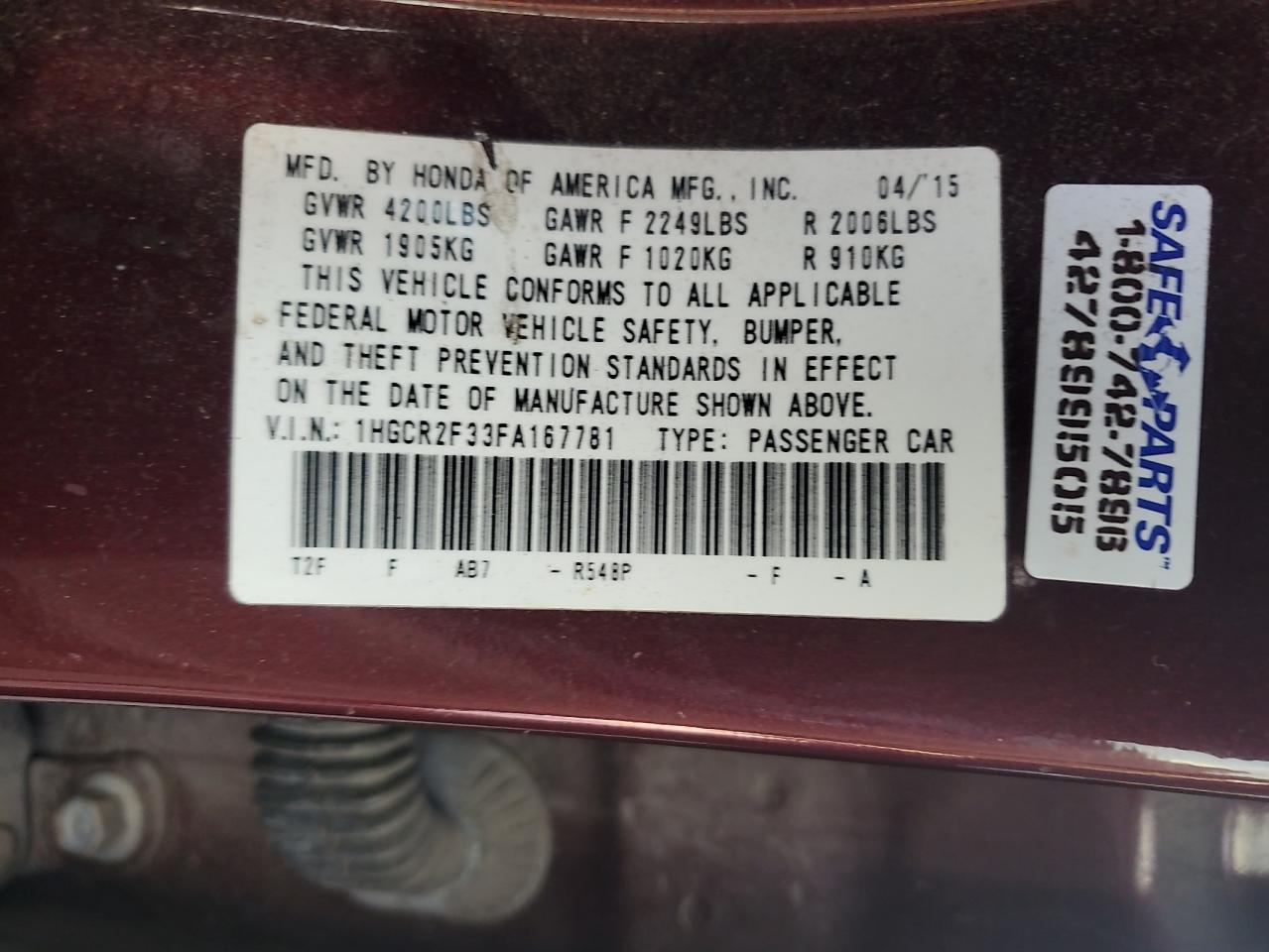 1HGCR2F33FA167781 2015 Honda Accord Lx