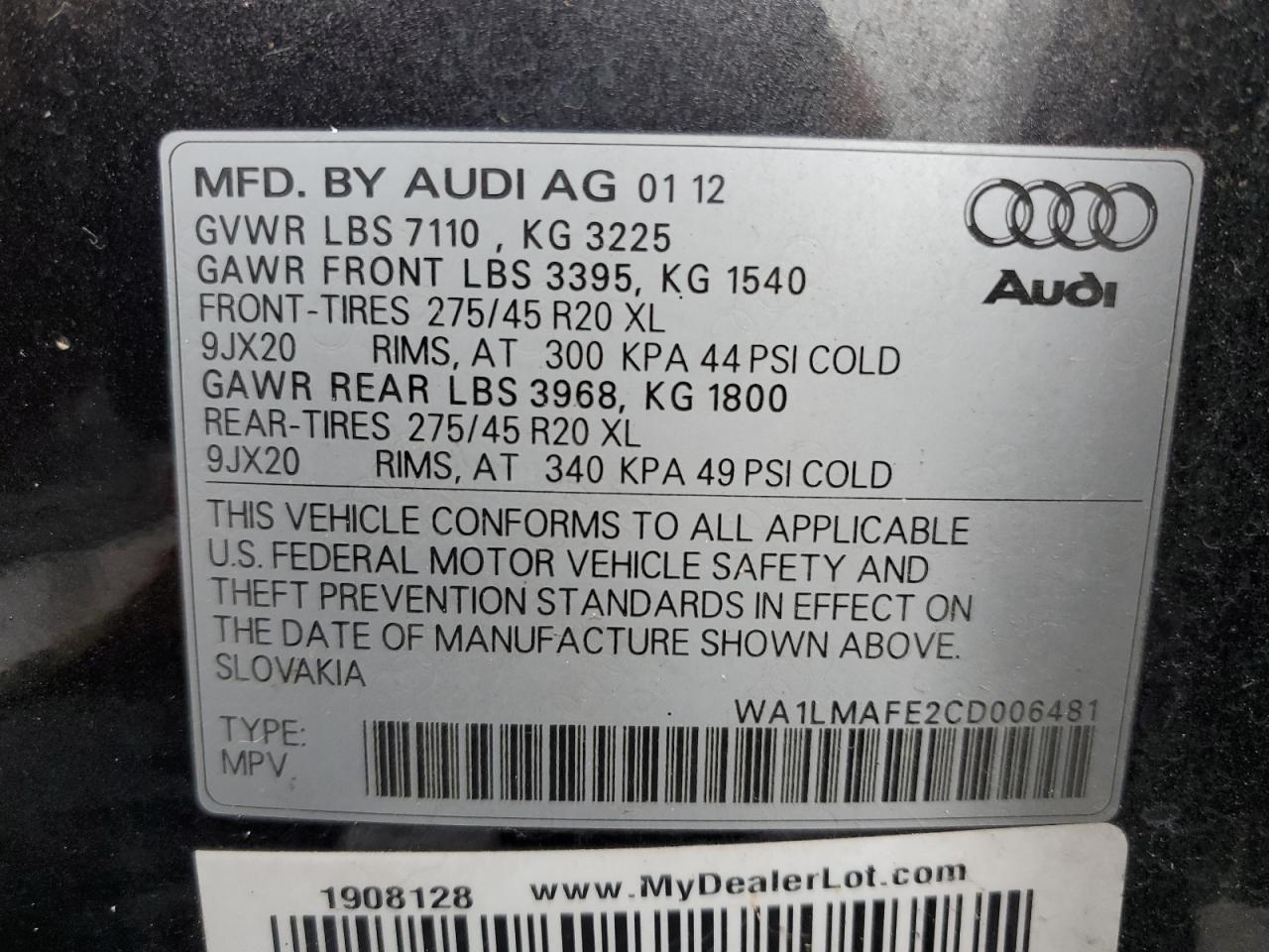 2012 Audi Q7 Premium Plus VIN: WA1LMAFE2CD006481 Lot: 72893484