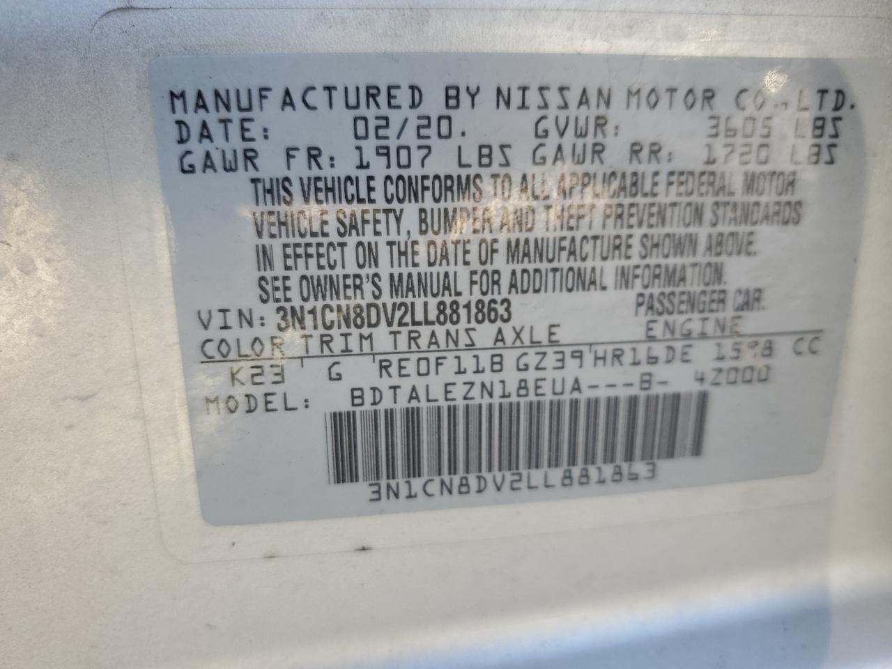 3N1CN8DV2LL881863 2020 Nissan Versa S