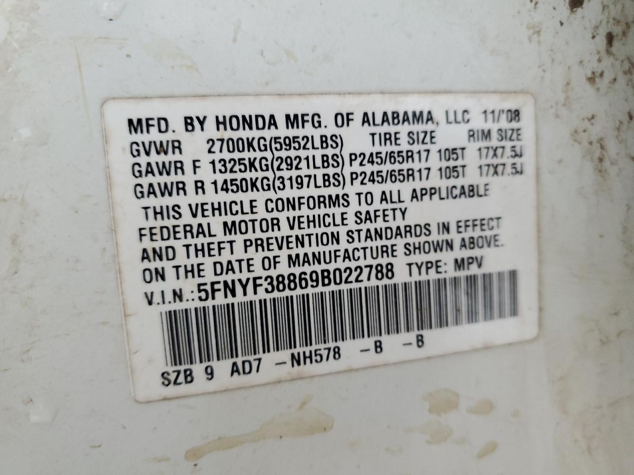 5FNYF38869B022788 2009 Honda Pilot Touring