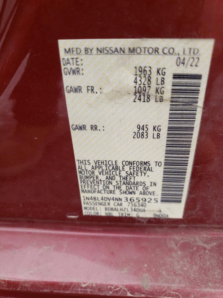 2022 Nissan Altima Sv VIN: 1N4BL4DV4NN365925 Lot: 71444224