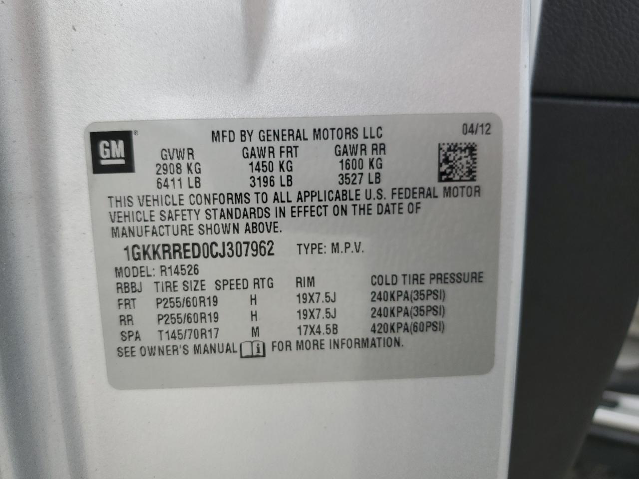 2012 GMC Acadia Slt-1 VIN: 1GKKRRED0CJ307962 Lot: 72842104