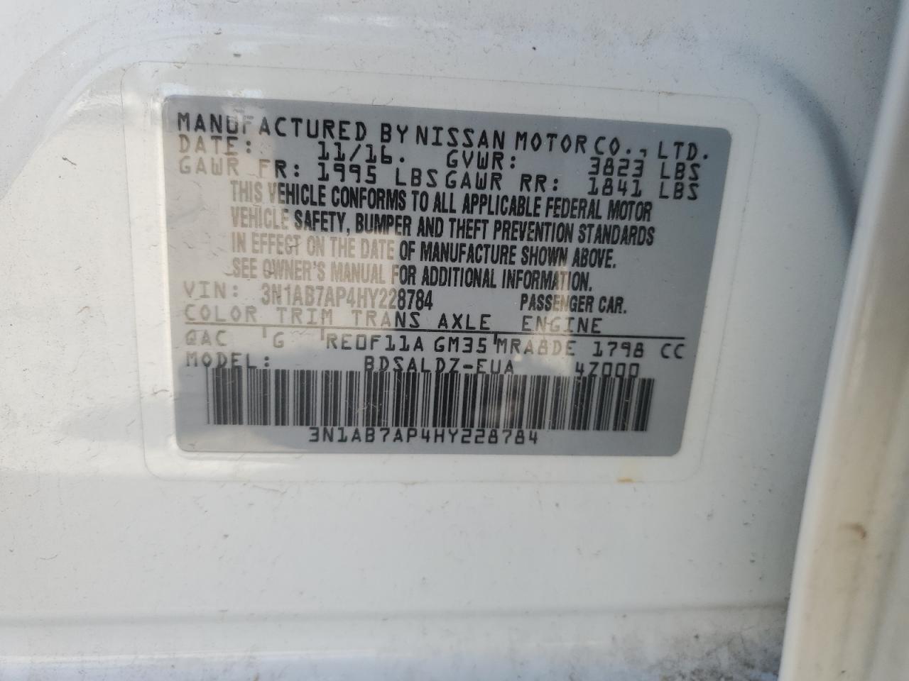 3N1AB7AP4HY228784 2017 Nissan Sentra S