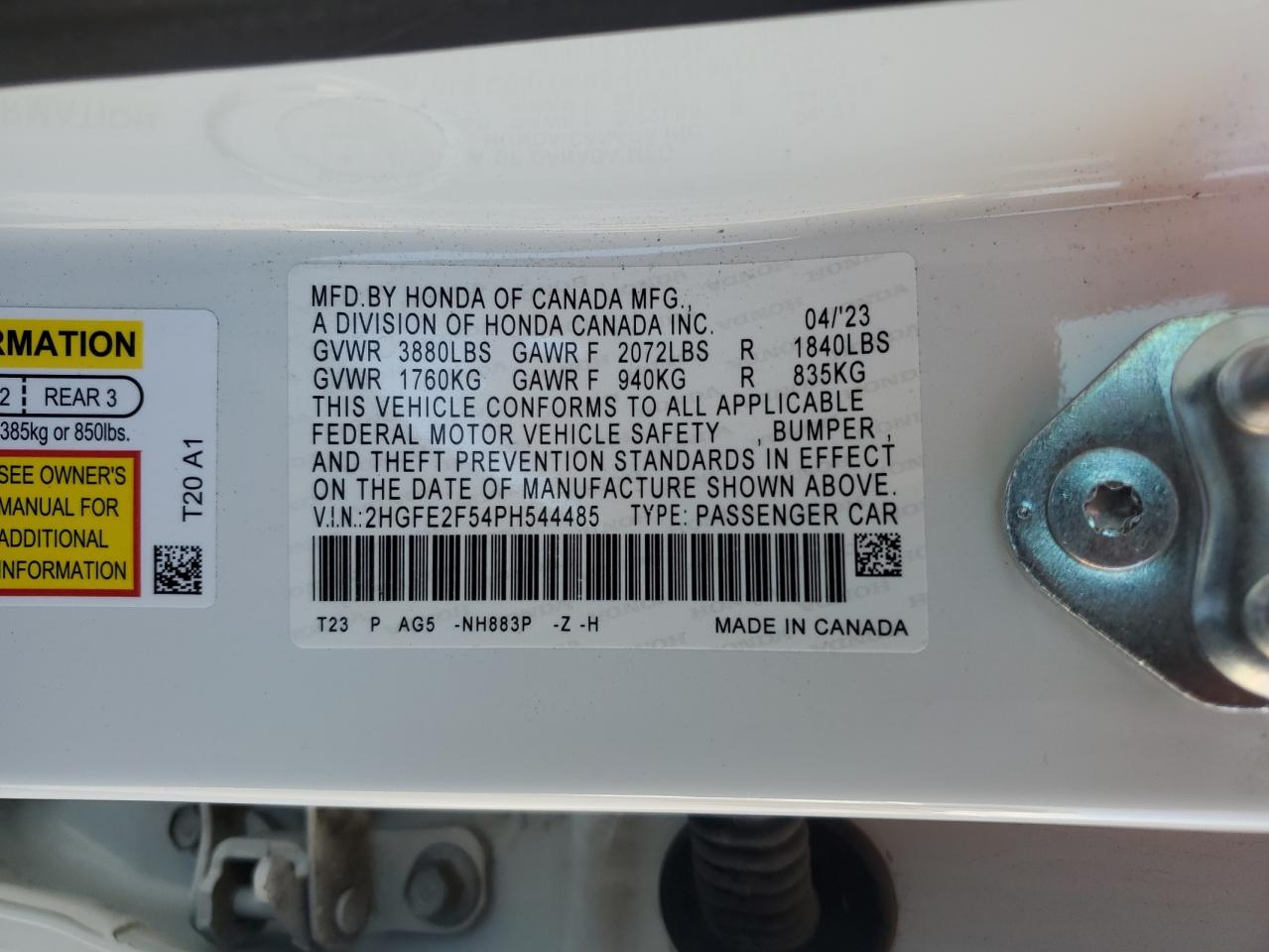 2HGFE2F54PH544485 2023 Honda Civic Sport 2HGFE2F54PH544485 2023 Honda Civic Sport