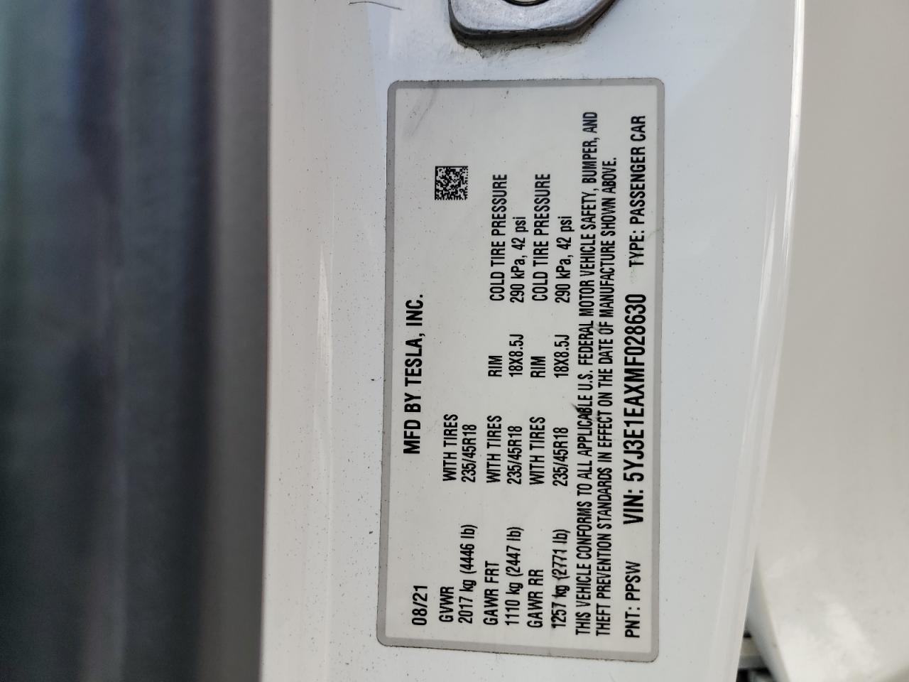 5YJ3E1EAXMF028630 2021 Tesla Model 3