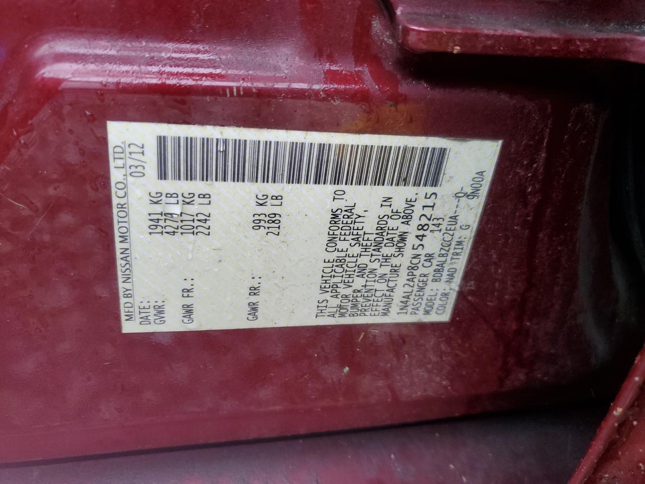 1N4AL2AP8CN548215 2012 Nissan Altima Base