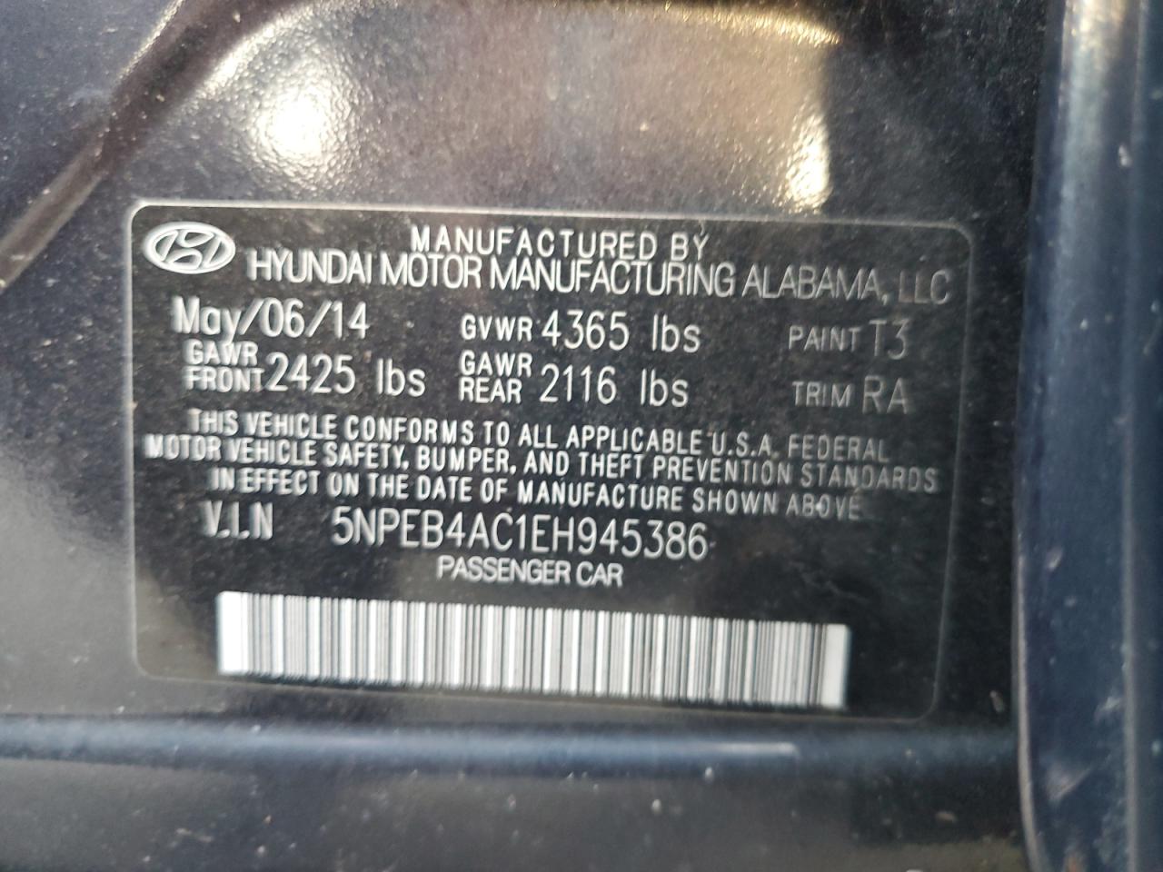 5NPEB4AC1EH945386 2014 Hyundai Sonata Gls