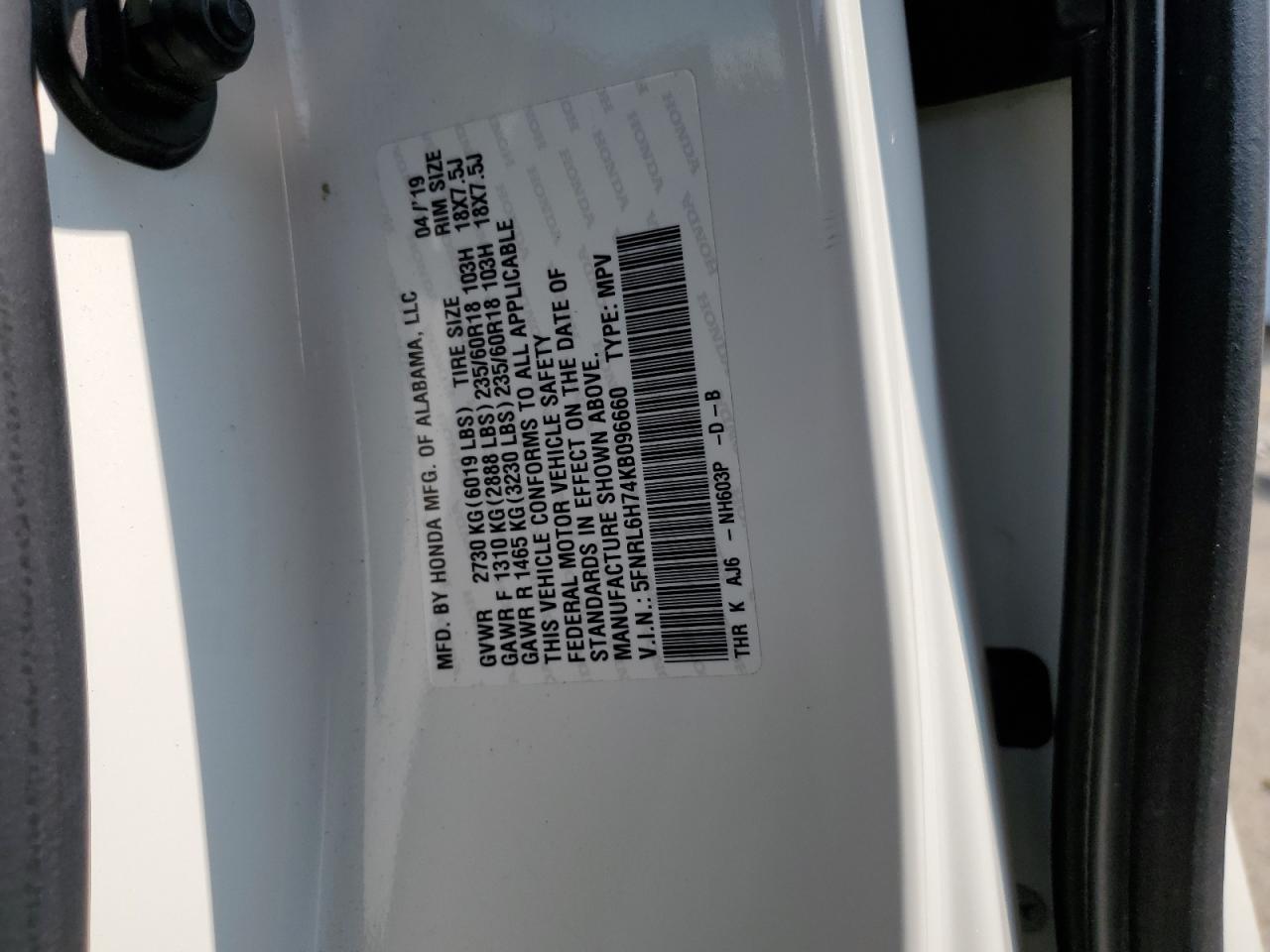 5FNRL6H74KB096660 2019 Honda Odyssey Exl