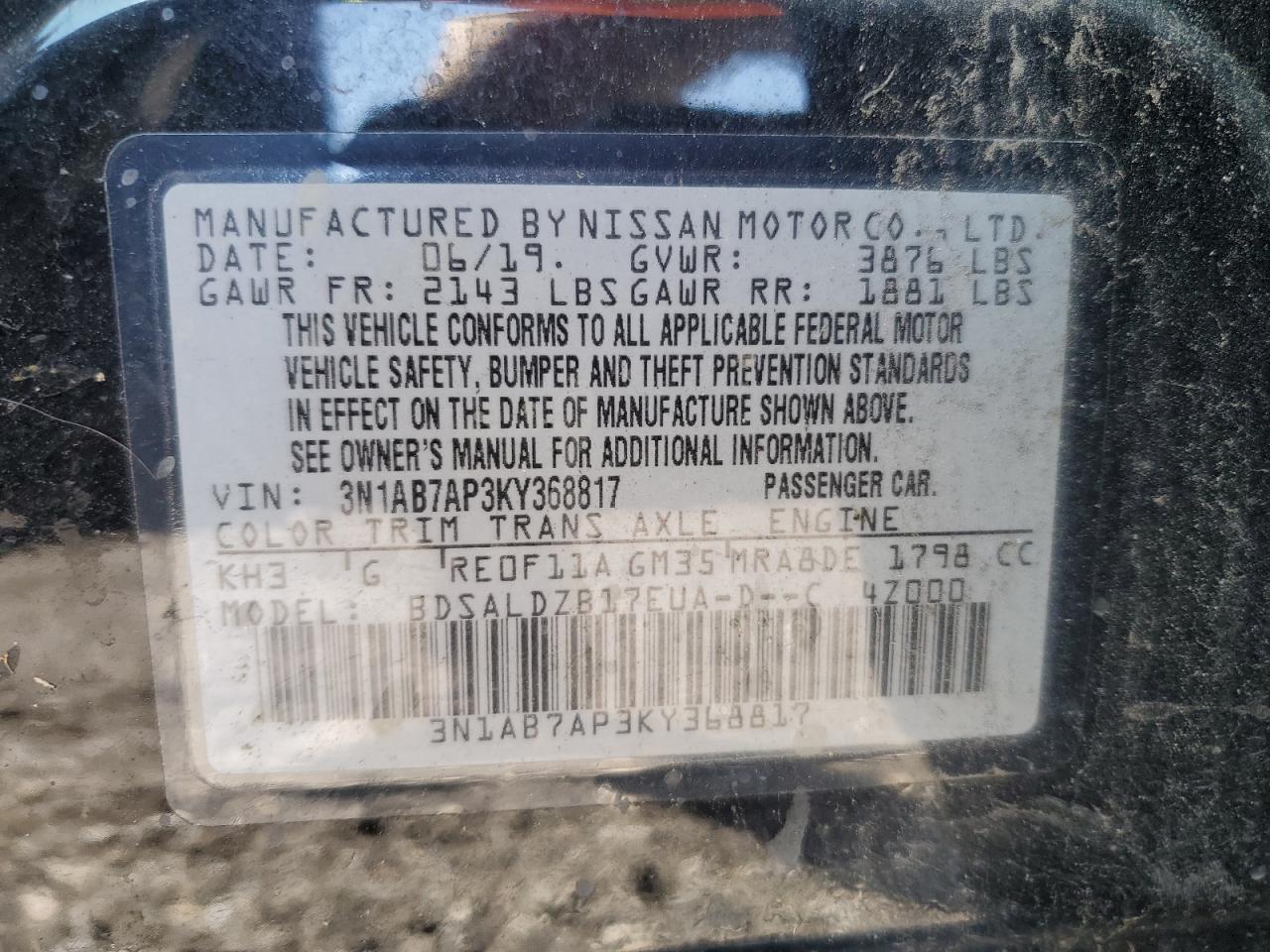 3N1AB7AP3KY368817 2019 Nissan Sentra S