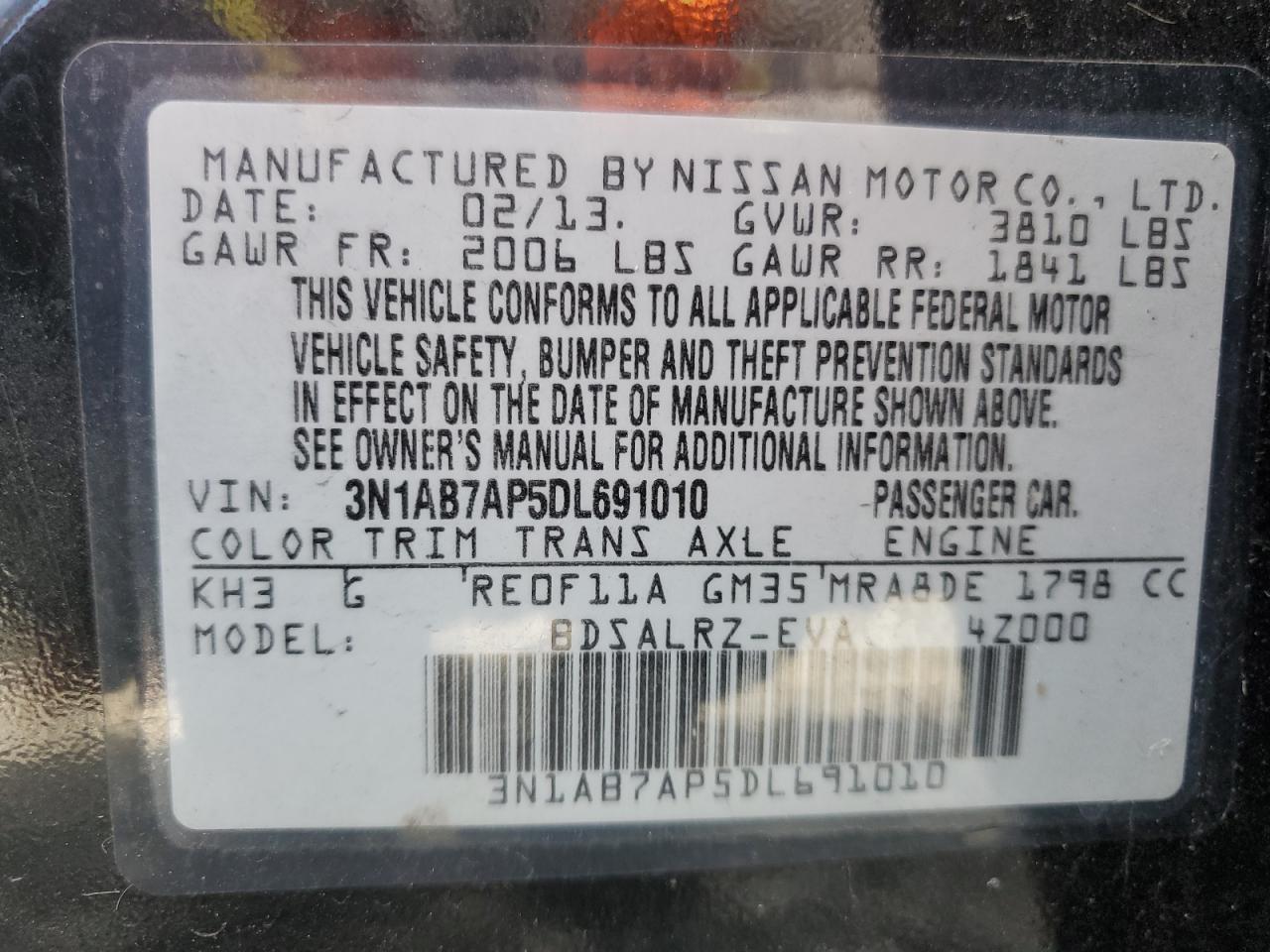 3N1AB7AP5DL691010 2013 Nissan Sentra S