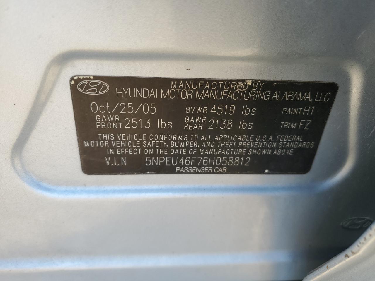 5NPEU46F76H058812 2006 Hyundai Sonata Gls