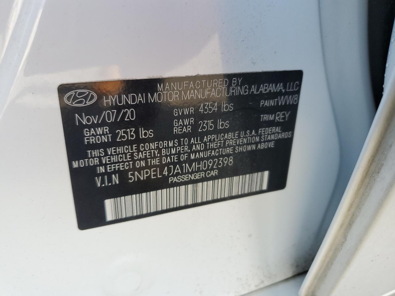 5NPEL4JA1MH092398 2021 Hyundai Sonata Sel