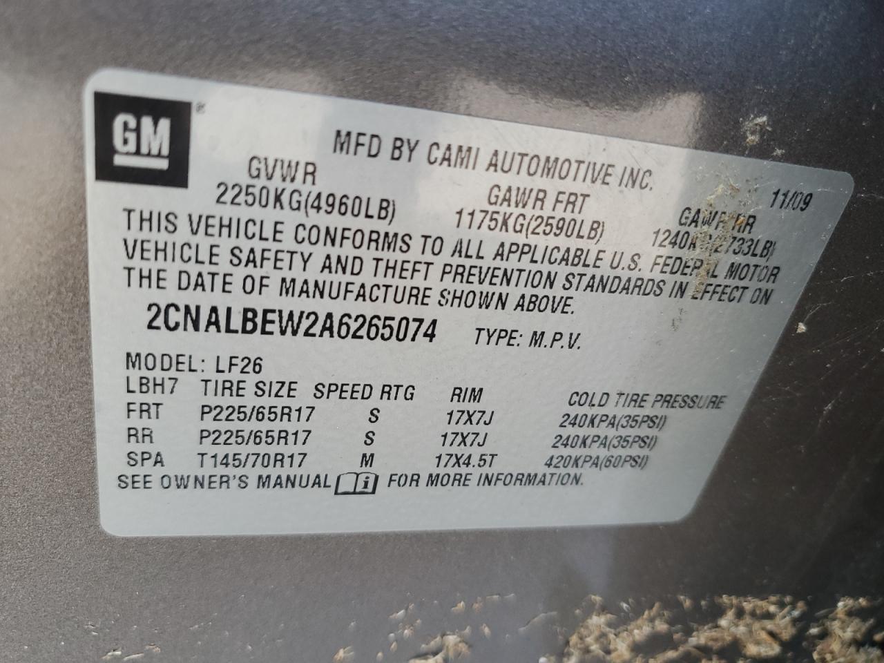 2CNALBEW2A6265074 2010 Chevrolet Equinox Ls