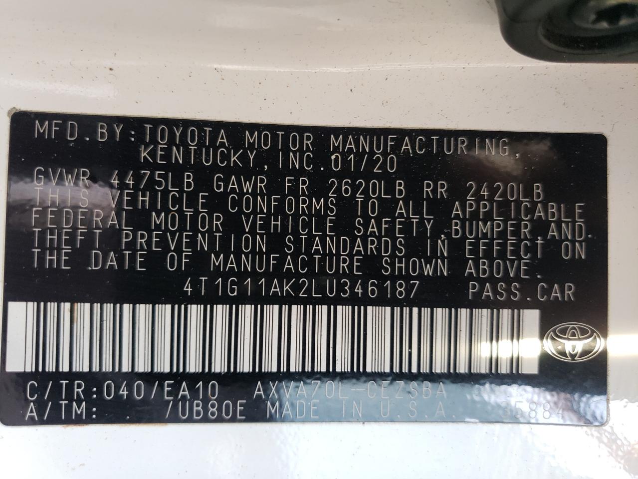 4T1G11AK2LU346187 2020 Toyota Camry Se