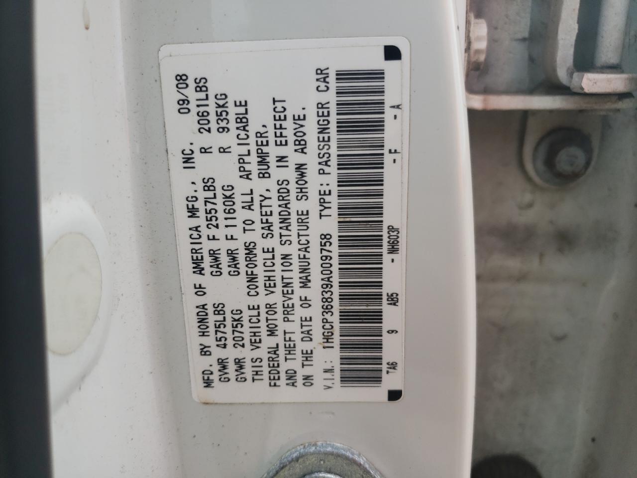 1HGCP36839A009758 2009 Honda Accord Exl