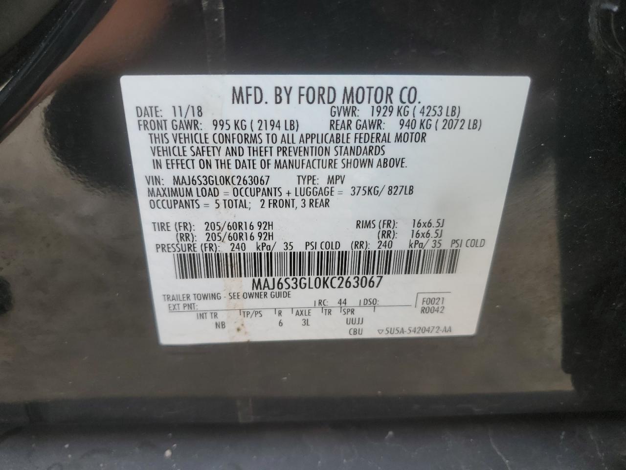 2019 Ford Ecosport Se VIN: MAJ6S3GL0KC263067 Lot: 73061124