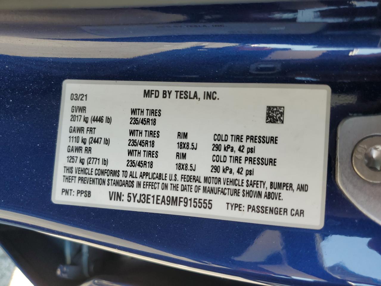 5YJ3E1EA9MF915555 2021 Tesla Model 3