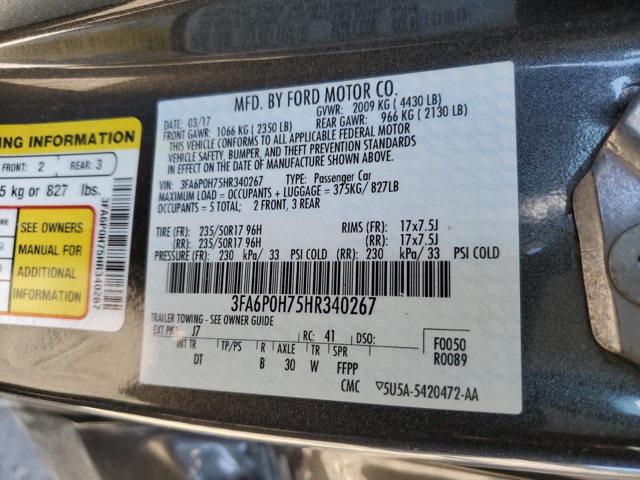 3FA6P0H75HR340267 2017 Ford Fusion Se