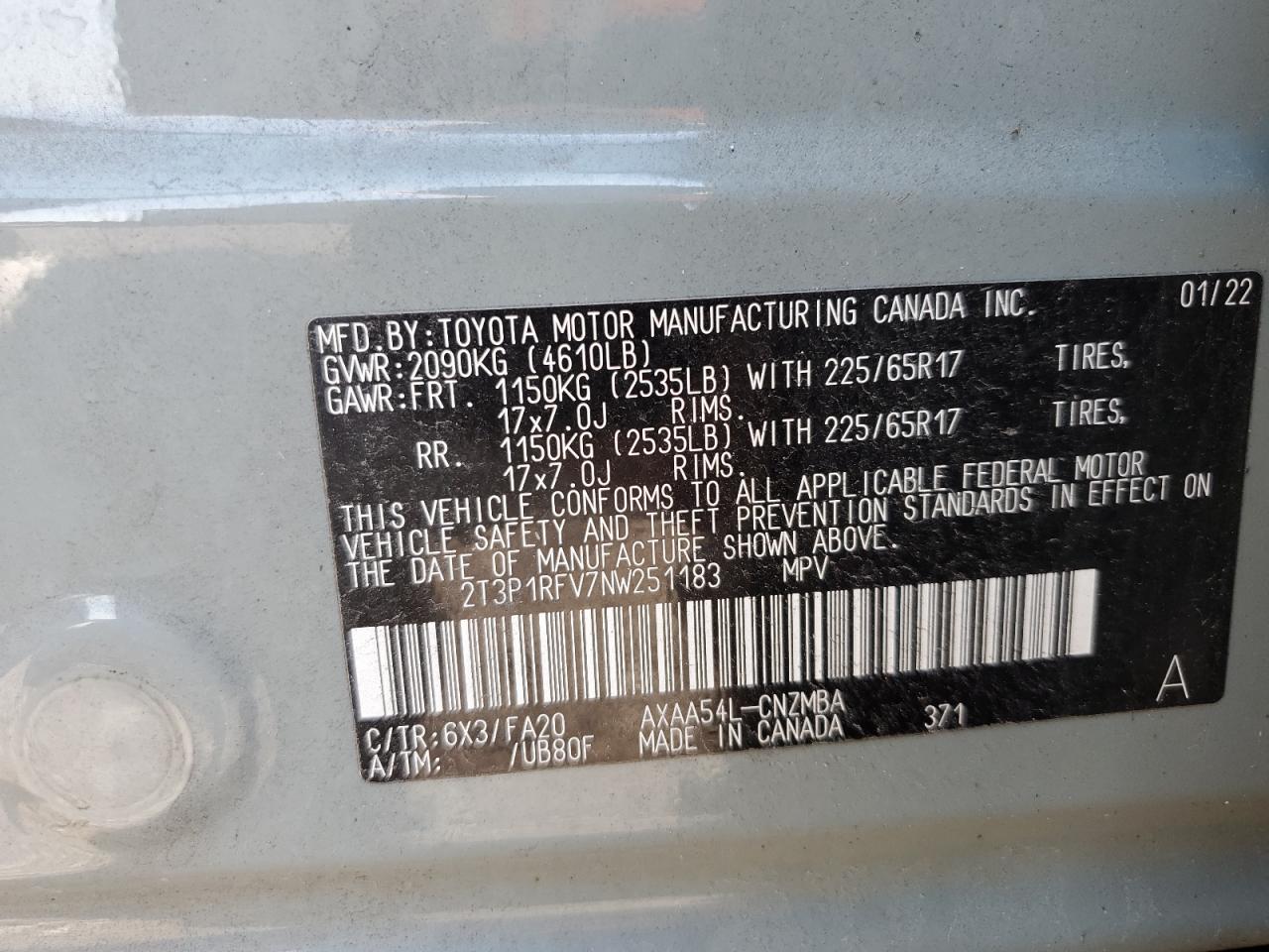 2T3P1RFV7NW251183 2022 Toyota Rav4 Xle