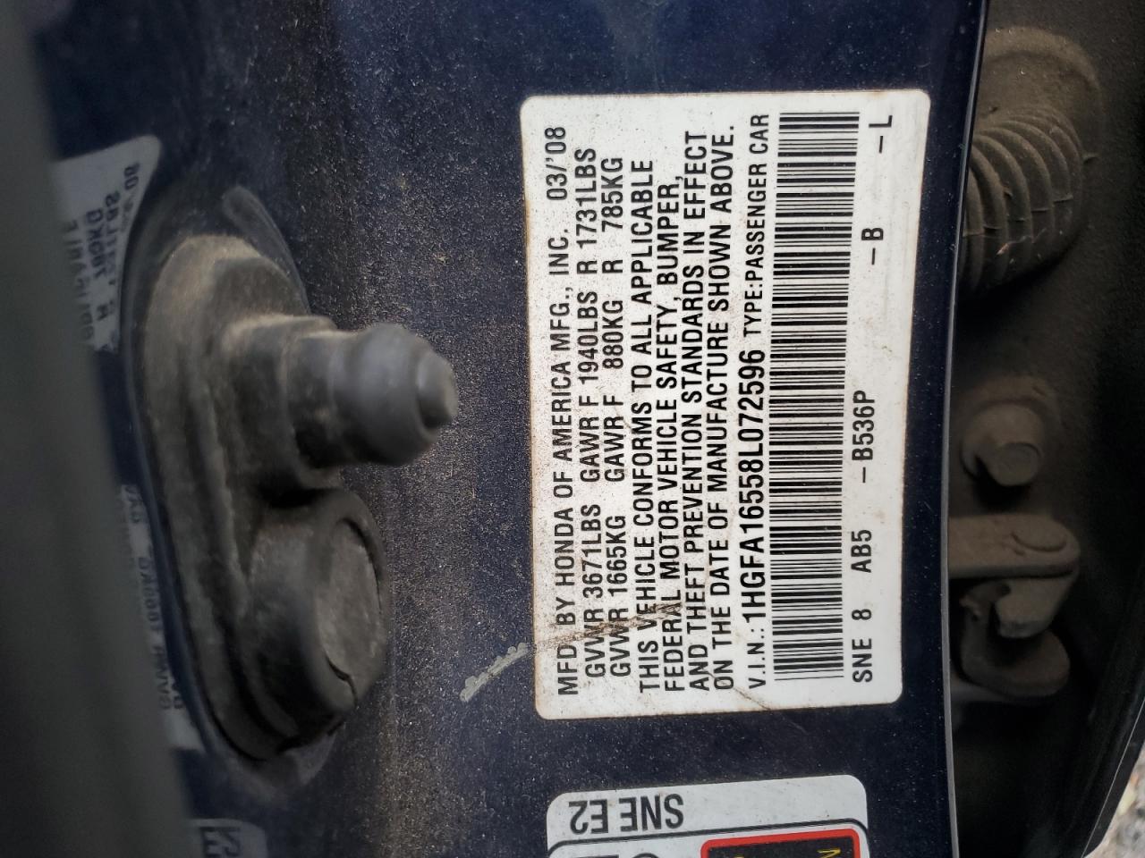 1HGFA16558L072596 2008 Honda Civic Lx