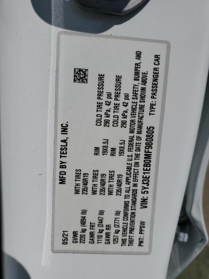 5YJ3E1EB0MF980805 2021 Tesla Model 3