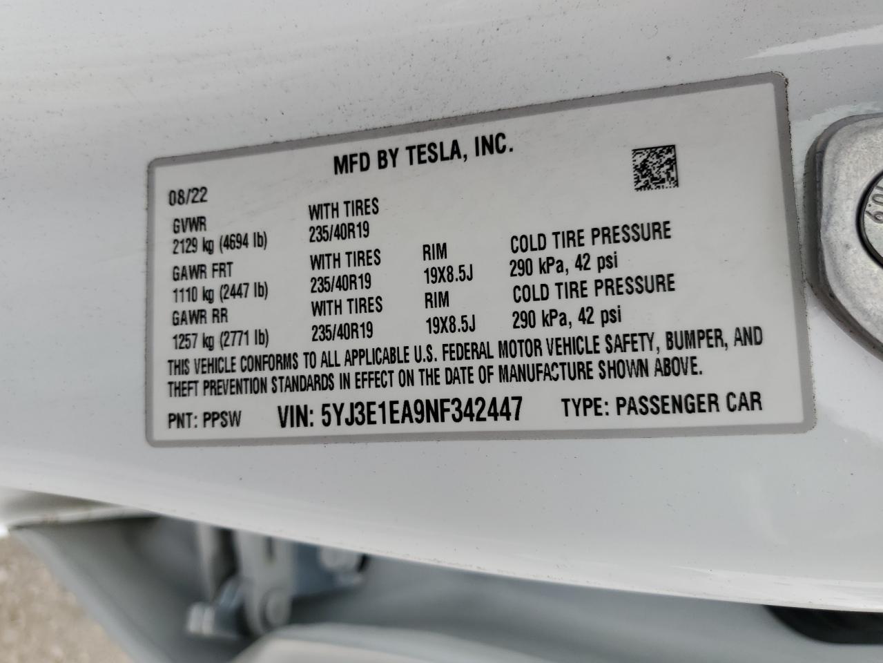 5YJ3E1EA9NF342447 2022 Tesla Model 3