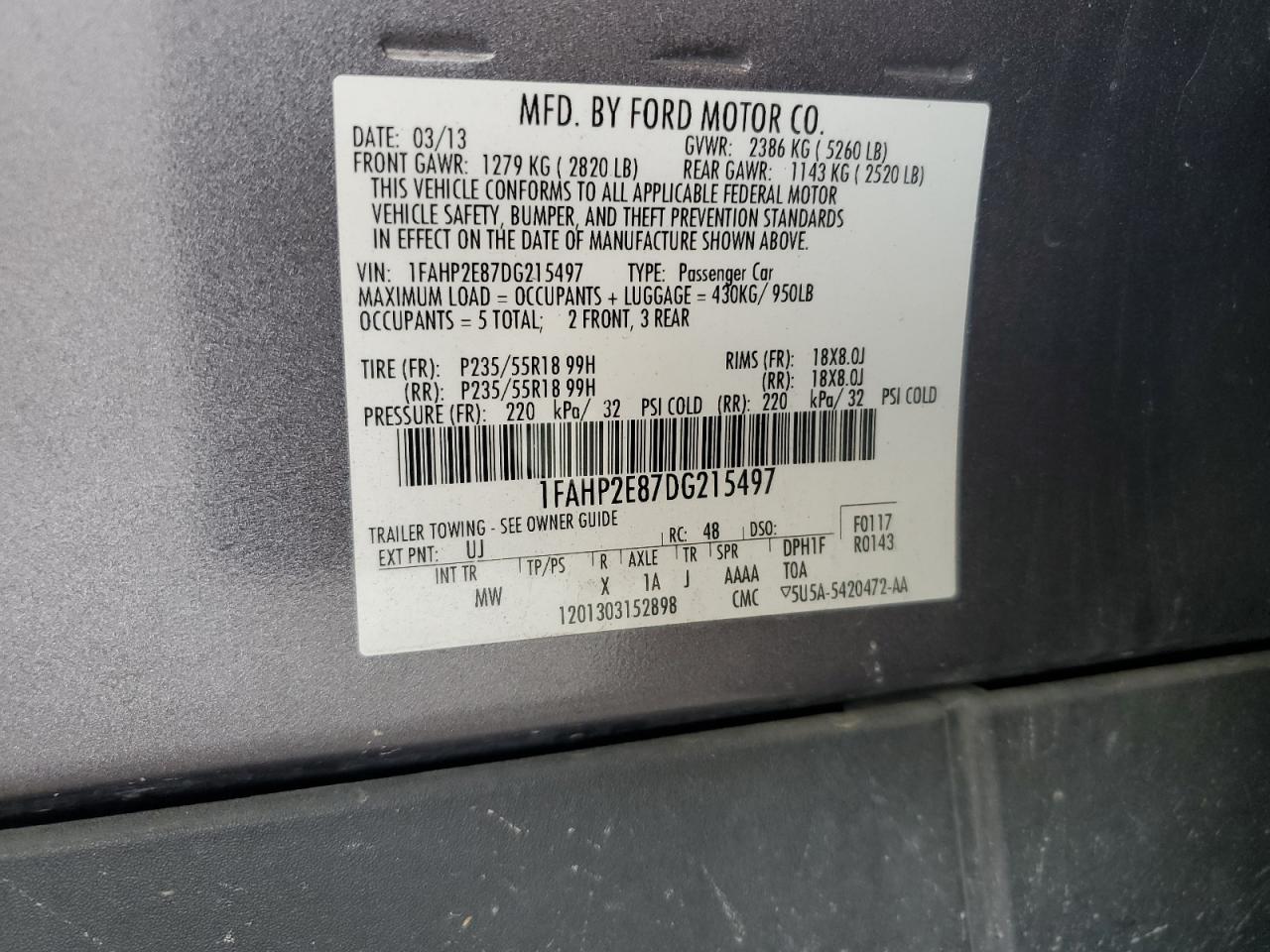 2013 Ford Taurus Sel VIN: 1FAHP2E87DG215497 Lot: 72711224