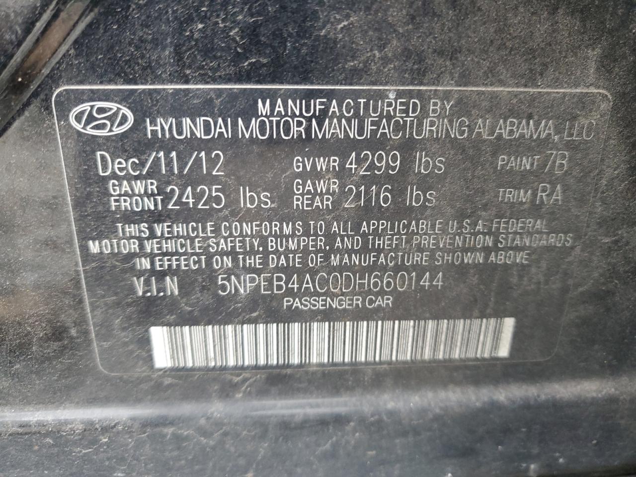 5NPEB4AC0DH660144 2013 Hyundai Sonata Gls