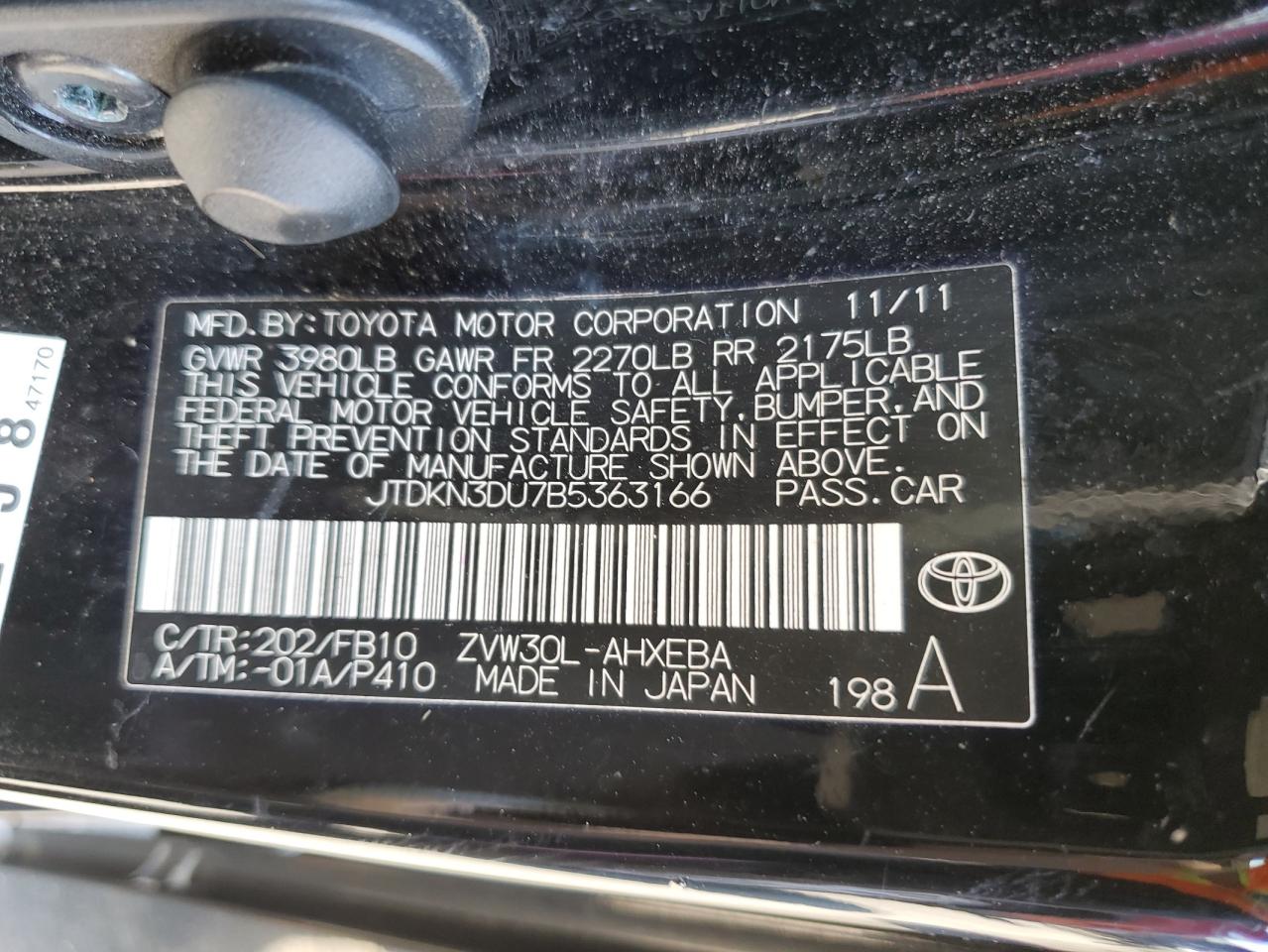 JTDKN3DU7B5363166 2011 Toyota Prius