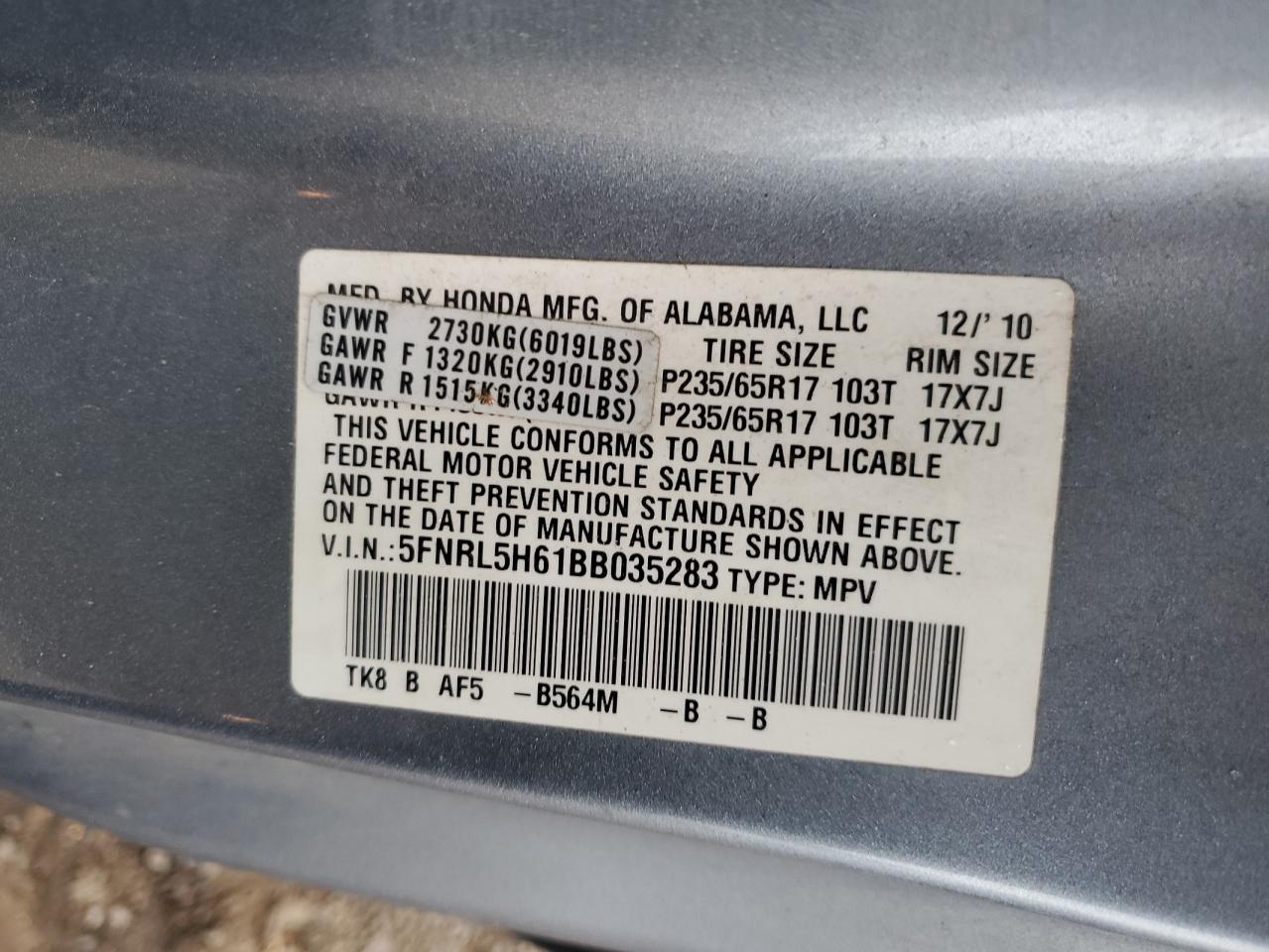 5FNRL5H61BB035283 2011 Honda Odyssey Exl