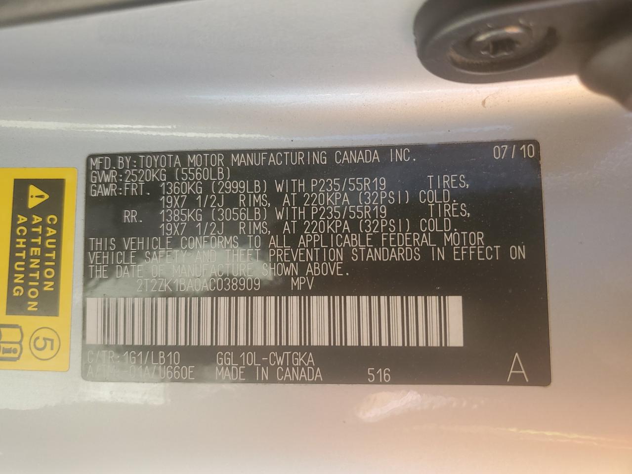 2T2ZK1BA0AC038909 2010 Lexus Rx 350