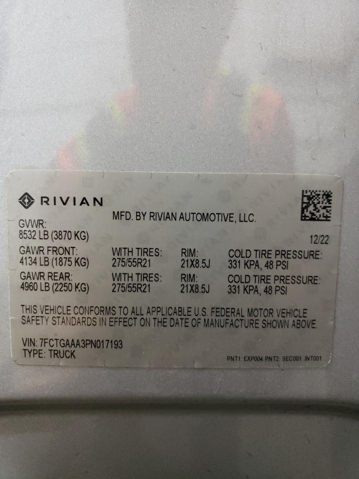 2023 Rivian R1T Adventure VIN: 7FCTGAAA3PN017193 Lot: 70056334