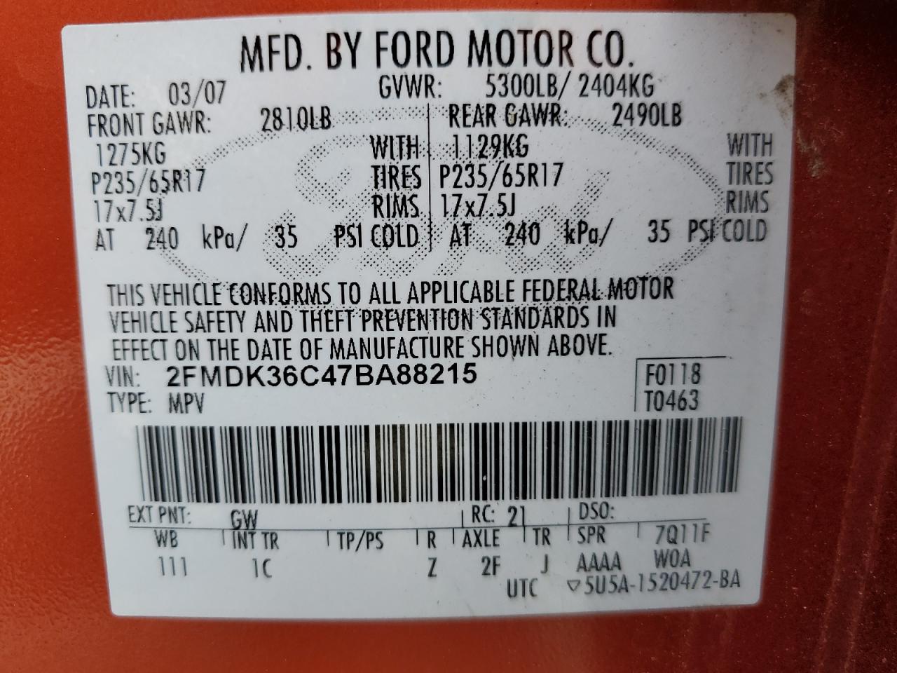 2007 Ford Edge Se VIN: 2FMDK36C47BA88215 Lot: 71571484