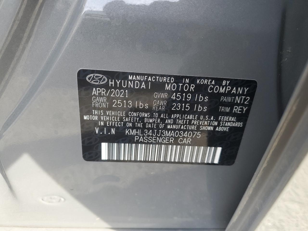 2021 Hyundai Sonata Hybrid VIN: KMHL34JJ3MA034075 Lot: 71675654