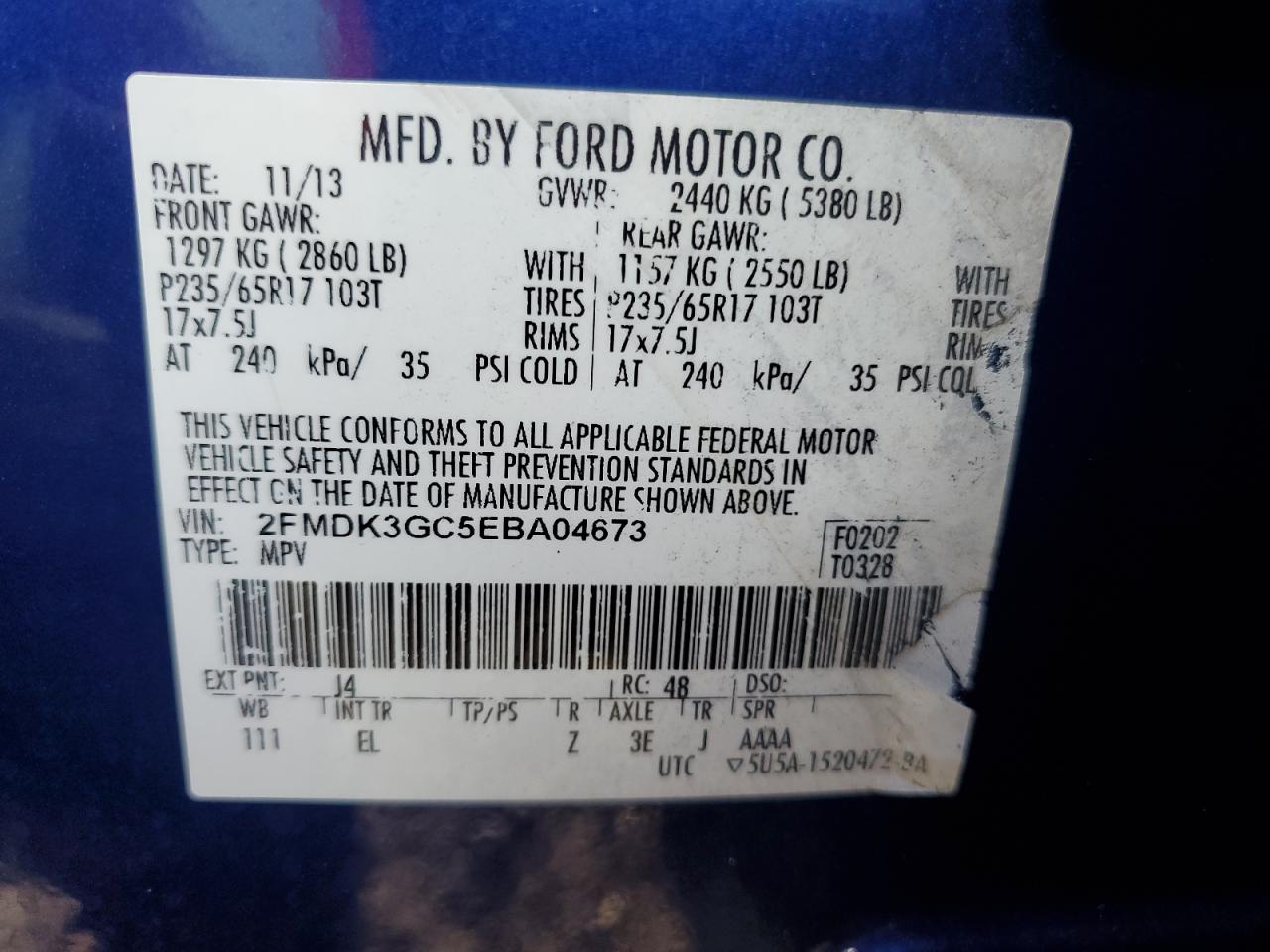 VIN 2FMDK3GC5EBA04673 2014 FORD EDGE no.13