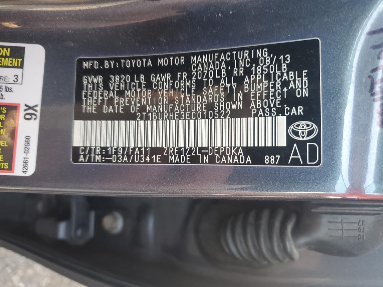 2T1BURHE3EC010522 2014 Toyota Corolla L