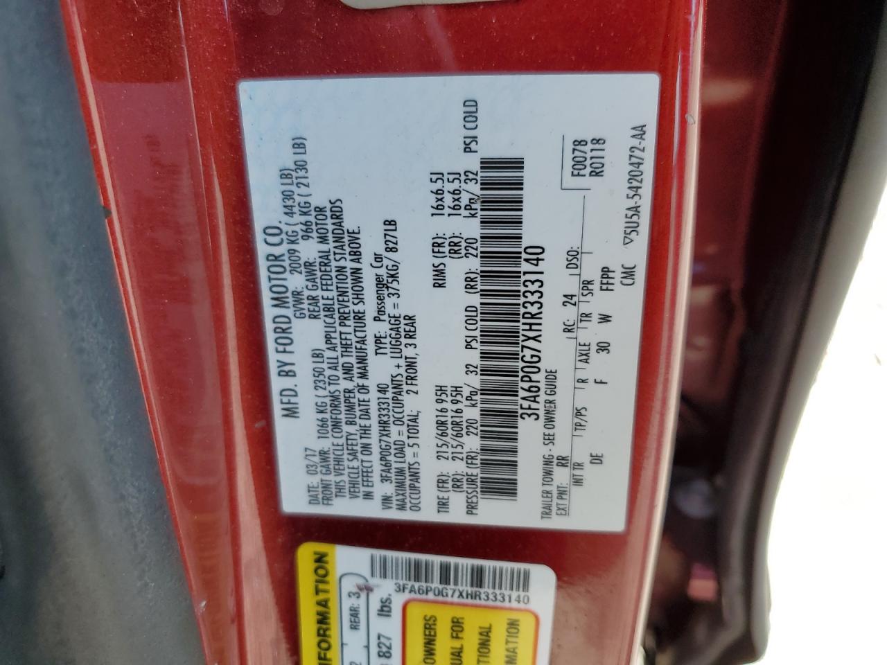 3FA6P0G7XHR333140 2017 Ford Fusion S