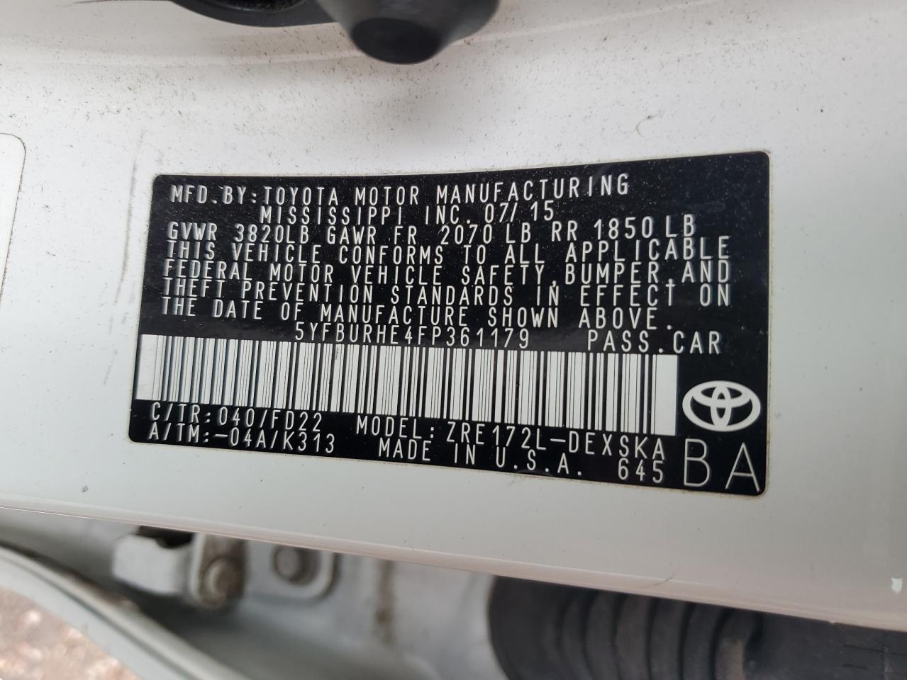 5YFBURHE4FP361179 2015 Toyota Corolla L