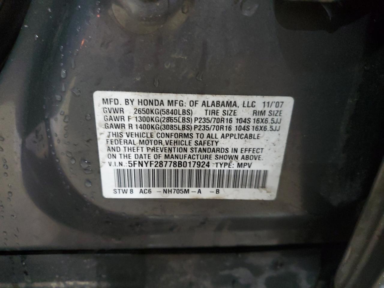 5FNYF28778B017924 2008 Honda Pilot Exl