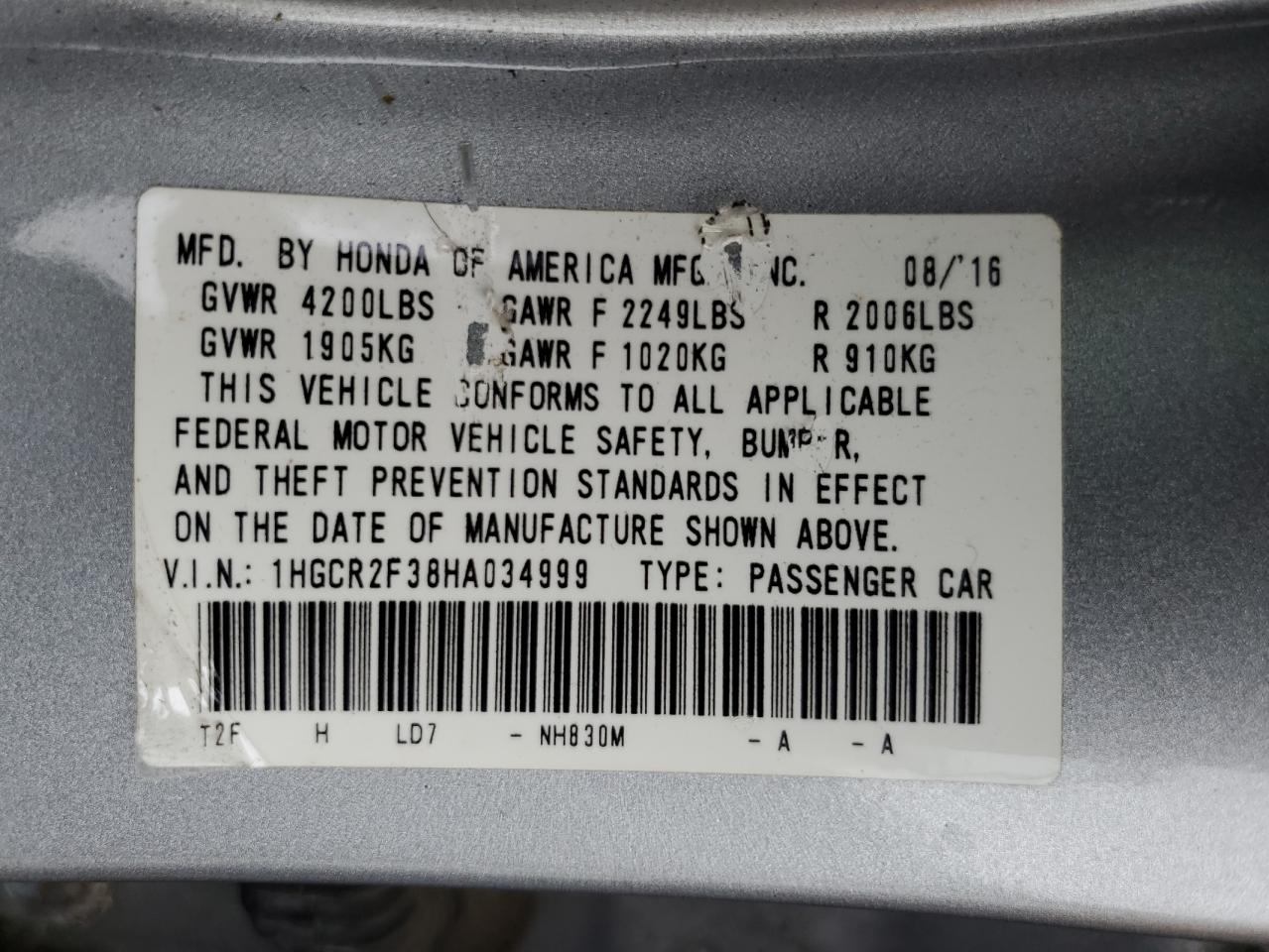 1HGCR2F38HA034999 2017 Honda Accord Lx