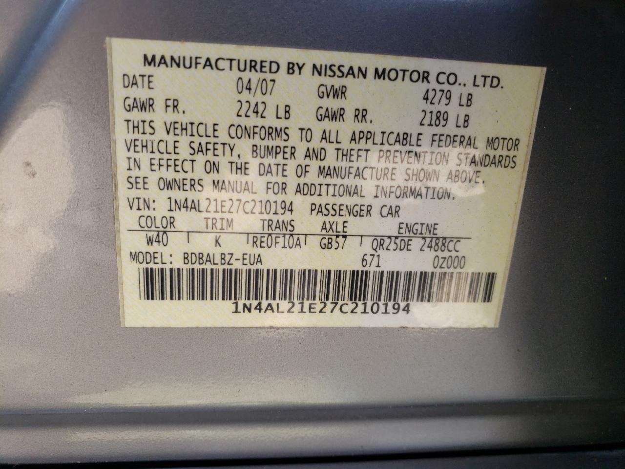 1N4AL21E27C210194 2007 Nissan Altima 2.5