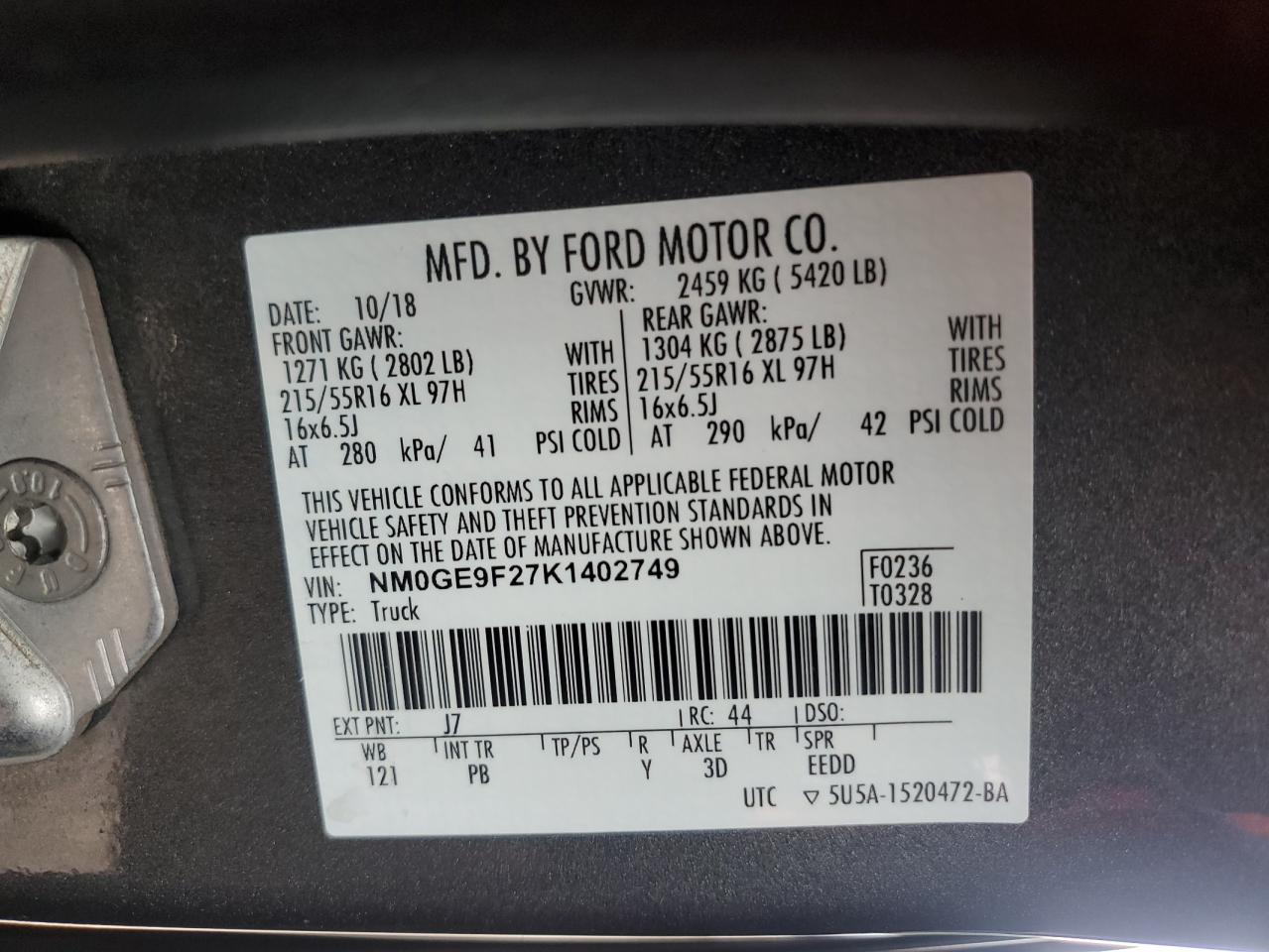 NM0GE9F27K1402749 2019 Ford Transit Connect Xlt